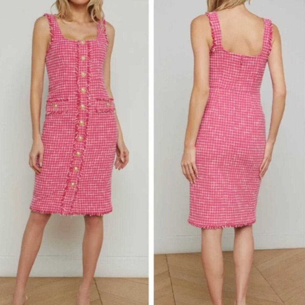 L'AGENCE Aya Tweed Midi Dress Sz4 Pink/Ivory Party Cocktail Valentine's Day